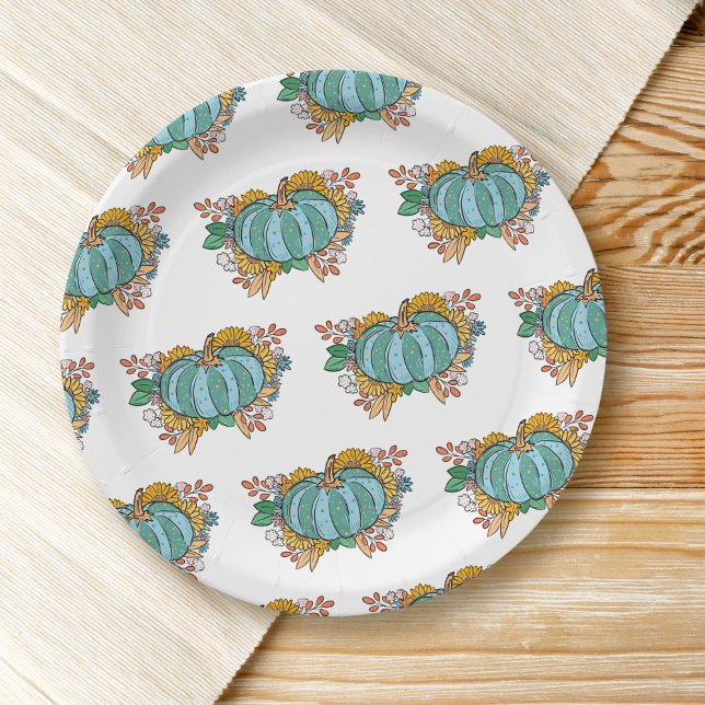 Plato De Papel Patrón floral de caída de calabaza verde azulada (Subido por el creador)