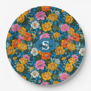 Plato De Papel Patrón floral de color vintage rústico en azul (2)