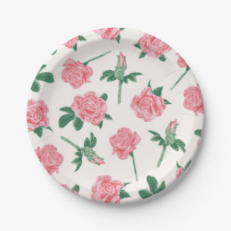 Plato De Papel Patrón floral de coral y Rosa verde pintado