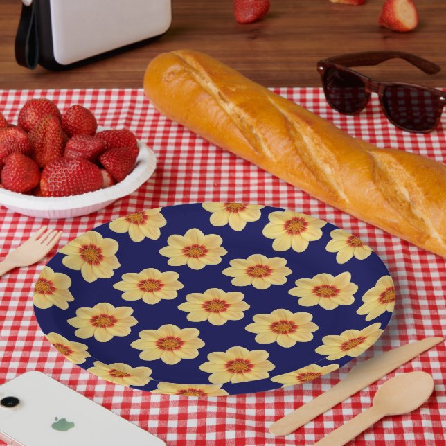 Plato De Papel Patrón floral de Dahlia amarillo en azul (Picnic)