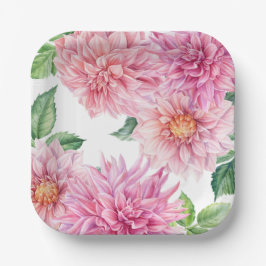 Plato De Papel Patrón floral de dahlia en acuarela rosa sonrojo