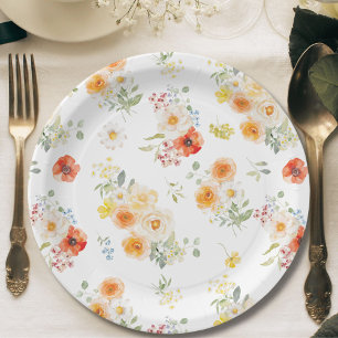 Plato De Papel Patrón floral de flores soleadas acuarela