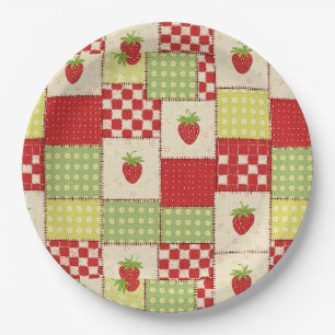 Plato De Papel Patrón Floral de Gingham de Fresa de Casa de Campo