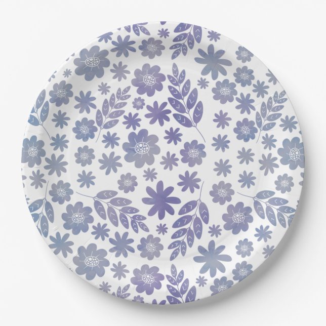 Plato De Papel Patrón floral de gris y lavanda (Anverso)