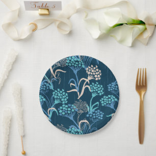 Plato De Papel Patrón floral de hidrangea estilizada - Azul elega