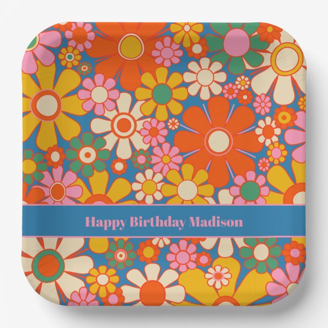 Plato De Papel Patrón floral de los años 70 del Retro Garden Colo (Anverso)