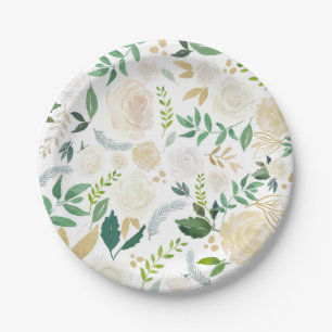 Plato De Papel Patrón floral de marfil suave con vegetación blanc