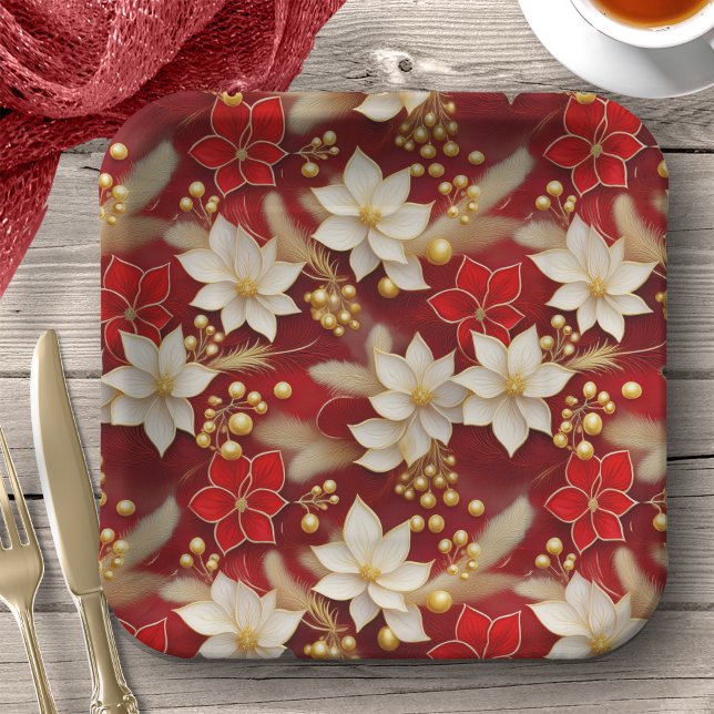 Plato De Papel Patrón floral de Navidades blancos rojos #17 ID100 (Subido por el creador)