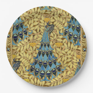 Plato De Papel Patrón Floral de Pavo Real Azul Art Nouveau Vintag