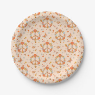 Plato De Papel Patrón floral de paz naranja