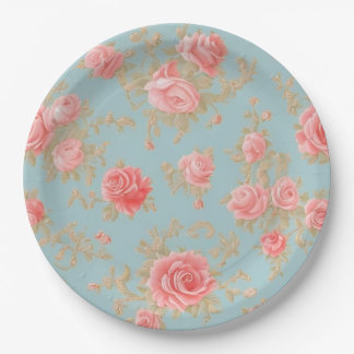 Plato De Papel Patrón floral de rosas rosadas