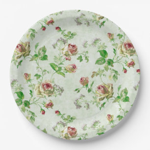Plato De Papel Patrón floral de rosas rosadas vintage