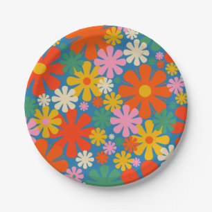 Plato De Papel Patrón floral estético colorido de los años 70 ret