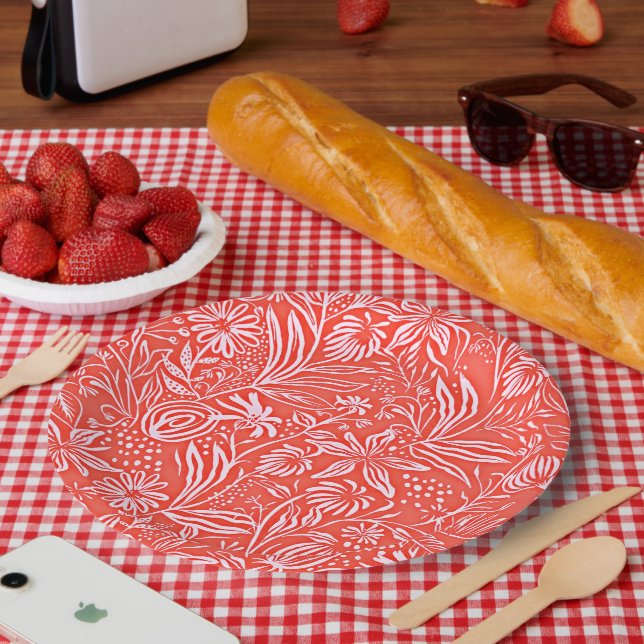 Plato De Papel Patrón floral favorito en rojo (Picnic)