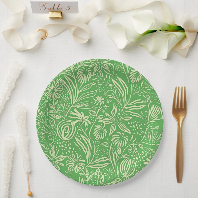 Plato De Papel Patrón floral favorito en verde (Boda)