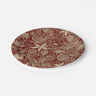 Plato De Papel Patrón floral flojo dorado en rojo profundo
