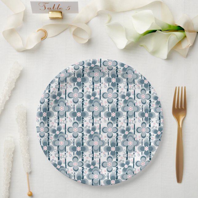 Plato De Papel Patrón floral gris y blanco gris (Boda)