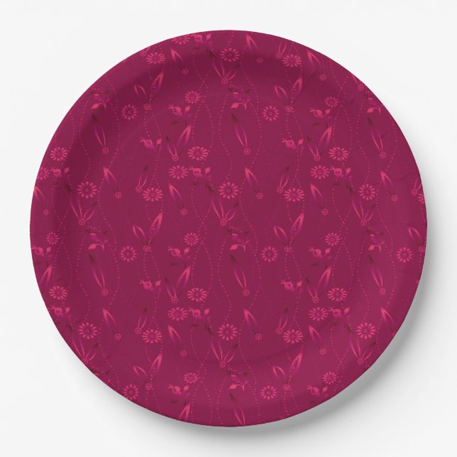 Plato De Papel Patrón floral liso retro rojo (Anverso)