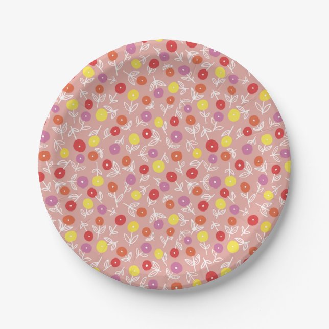 Plato De Papel patrón floral moderno boho rosa (Anverso)