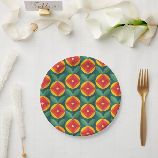 Plato De Papel Patrón floral Naranja moderno de mediados del sigl (Boda)