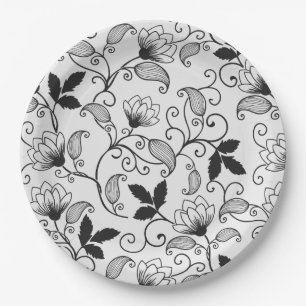 Plato De Papel Patrón floral negro personalizar