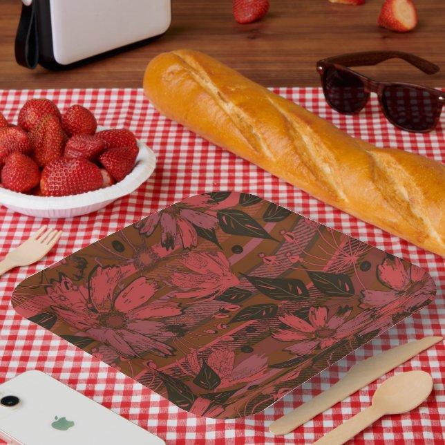 Plato De Papel Patrón floral negro y rojo. (Picnic)