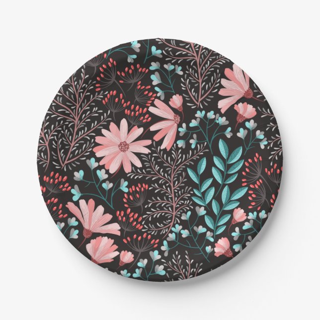 Plato De Papel Patrón floral oscuro rosa y verde (Anverso)