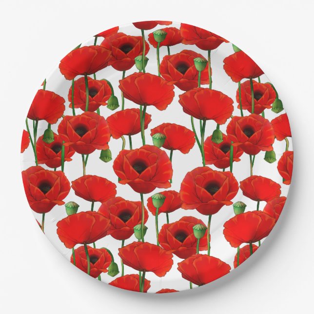 Plato De Papel Patrón floral Red Poppies (Anverso)