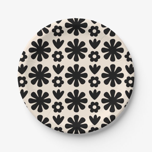 Plato De Papel Patrón floral retro escandinavo negro y crema (Anverso)
