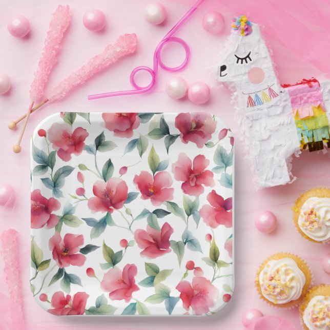 Plato De Papel Patrón floral rojo oxidado (Fiesta)