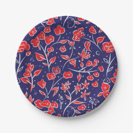 Plato De Papel Patrón floral rojo y azul