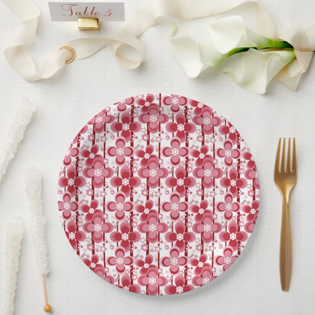 Plato De Papel Patrón floral rojo y blanco (Boda)