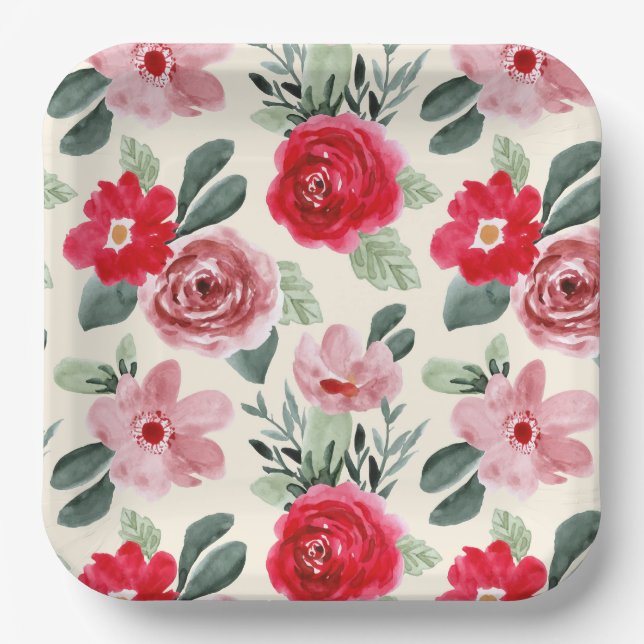 Plato De Papel Patrón floral rojo y rosa (Anverso)