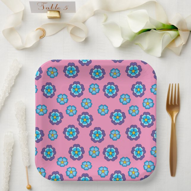 Plato De Papel Patrón floral rosa violeta azul (Boda)