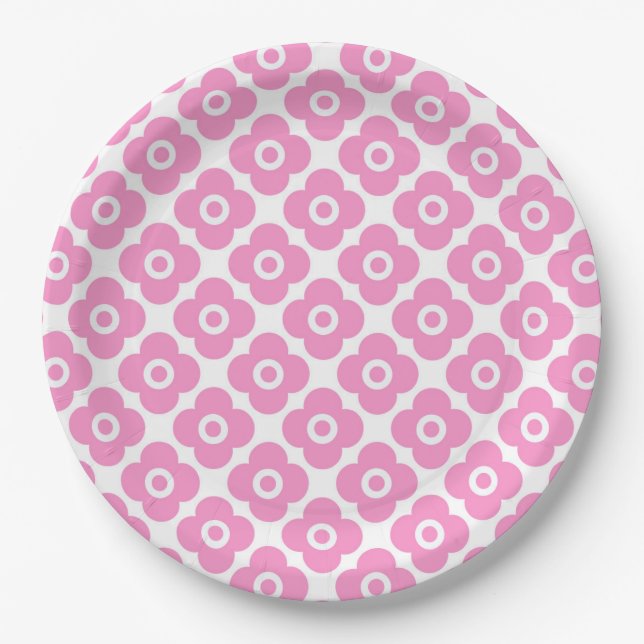 Plato De Papel Patrón floral simple rosa y blanco (Anverso)