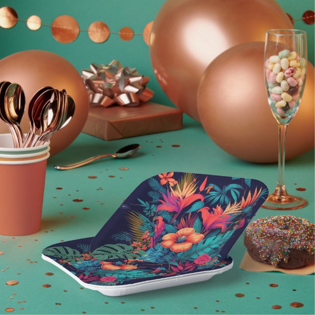Plato De Papel Patrón floral tropical colorido (Multi)