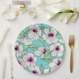 Plato De Papel Patrón floral trópico rosa y blanco Hibiscus