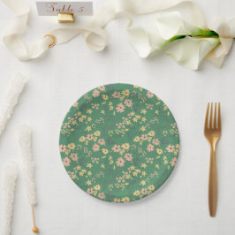 Plato De Papel Patrón floral verde boho moderno