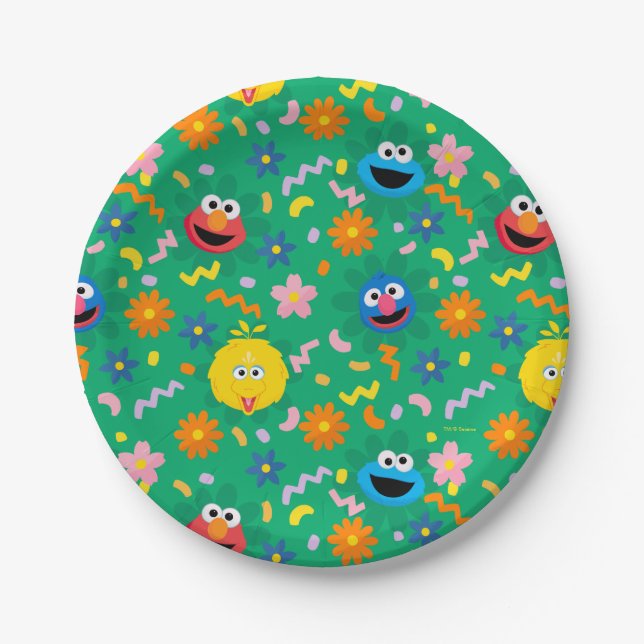 Plato De Papel Patrón floral verde de Plaza Sésamo (Anverso)