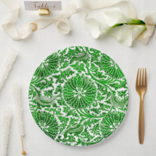 Plato De Papel Patrón floral verde y blanco