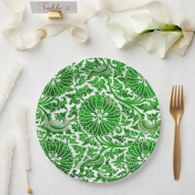 Plato De Papel Patrón floral verde y blanco (Boda)