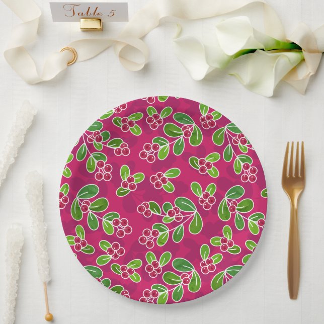 Plato De Papel Patrón Foliage de Cranberry Festial, Fuchsia (Boda)
