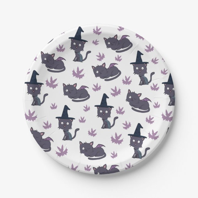 Plato De Papel Patrón gato y murciélago de Halloween (Anverso)