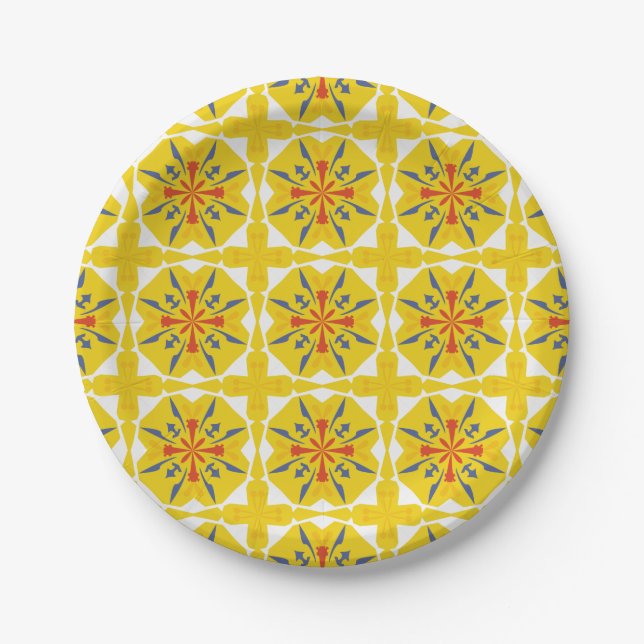 Plato De Papel patrón geométrico amarillo y blanco (Anverso)