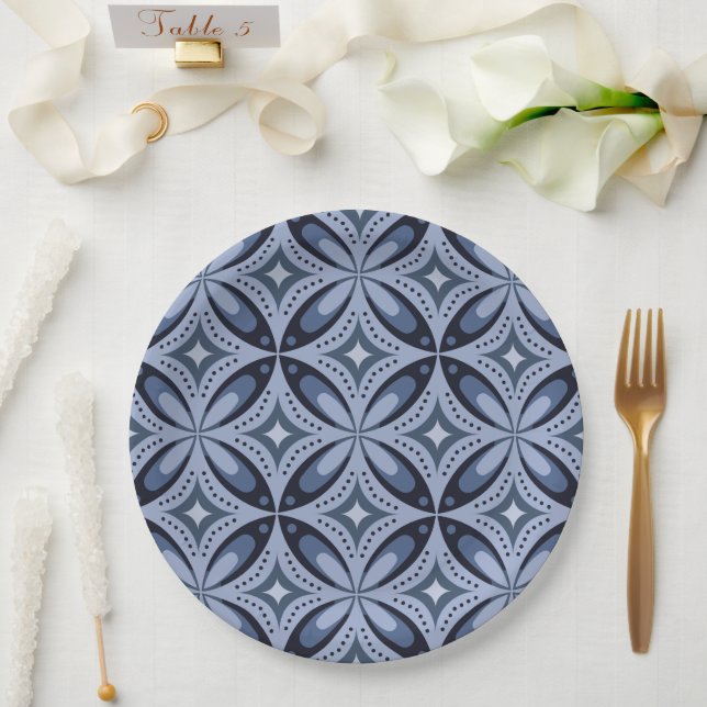 Plato De Papel Patrón geométrico azul estilo retro (Boda)
