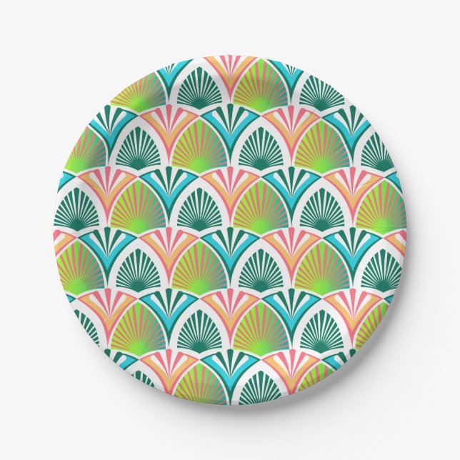 Plato De Papel Patrón geométrico con hojas de palma y flores (Anverso)
