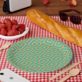 Plato De Papel Patrón geométrico cuadrado retro - Naranja atrevid