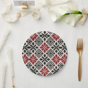 Plato De Papel Patrón geométrico folclórico rojo negro blanco