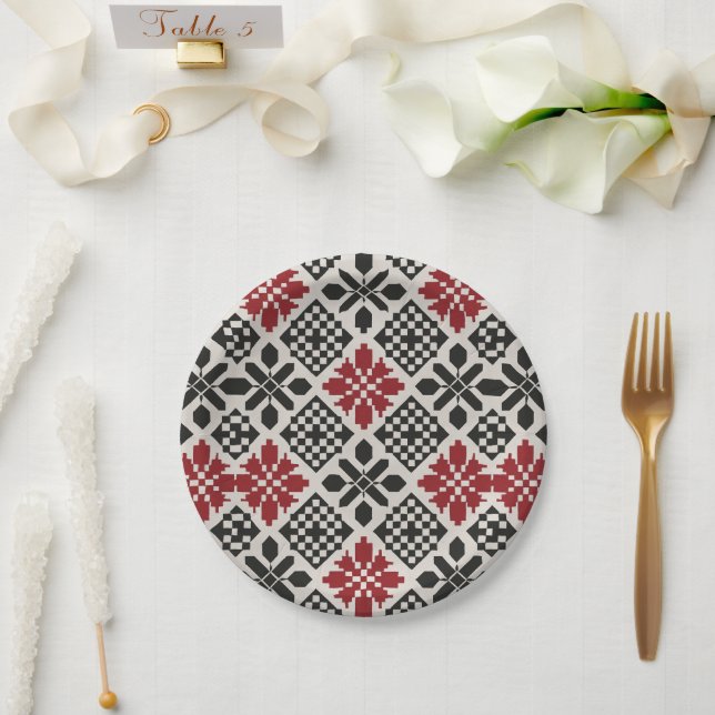 Plato De Papel Patrón geométrico folclórico rojo negro blanco (Boda)