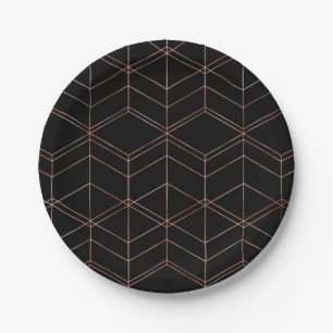 Plato De Papel Patrón geométrico negro y cobre de letra chic